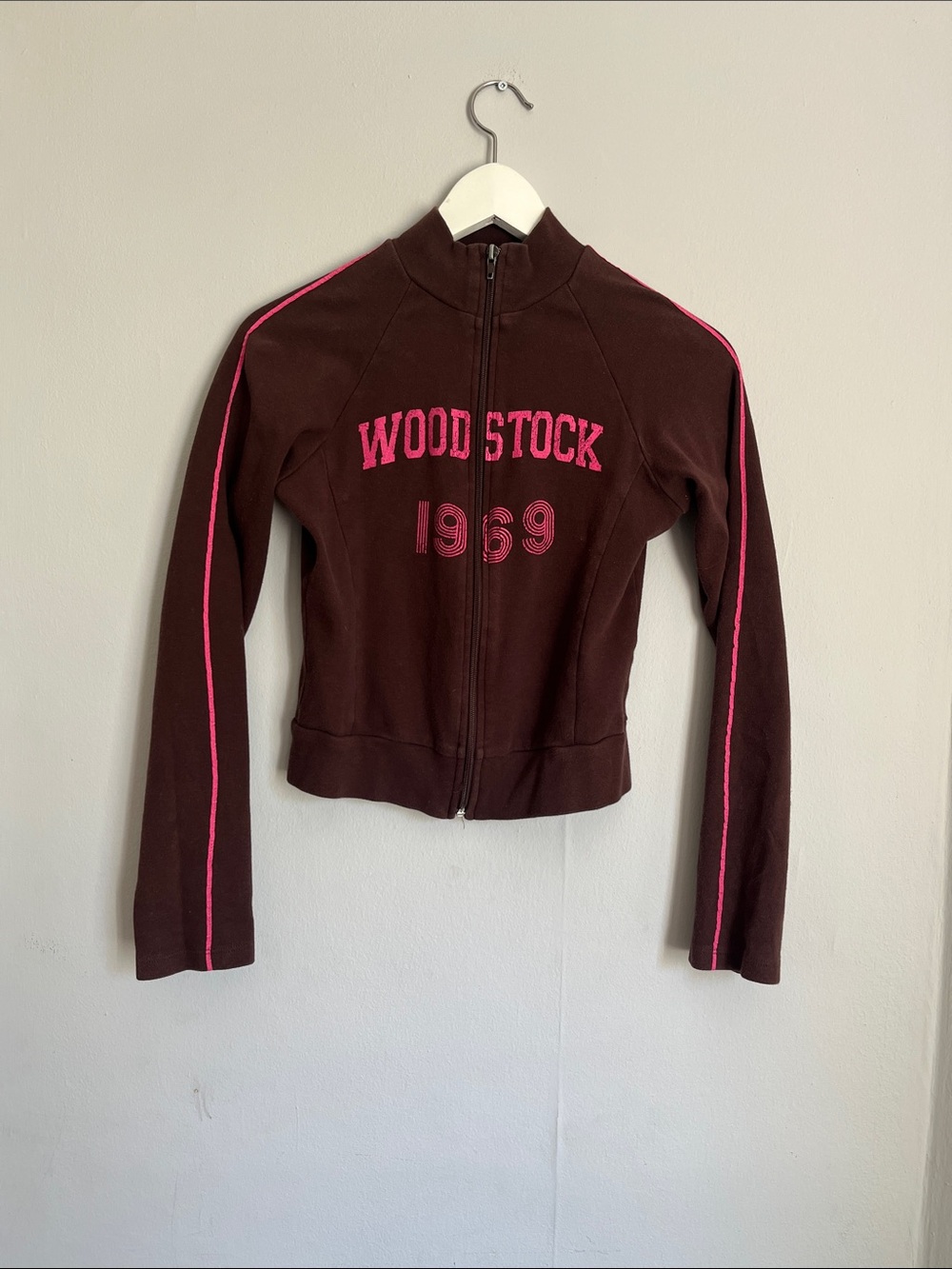 Woodstock 1969 Brown Zip-Up Track Jacket with Pink Trim